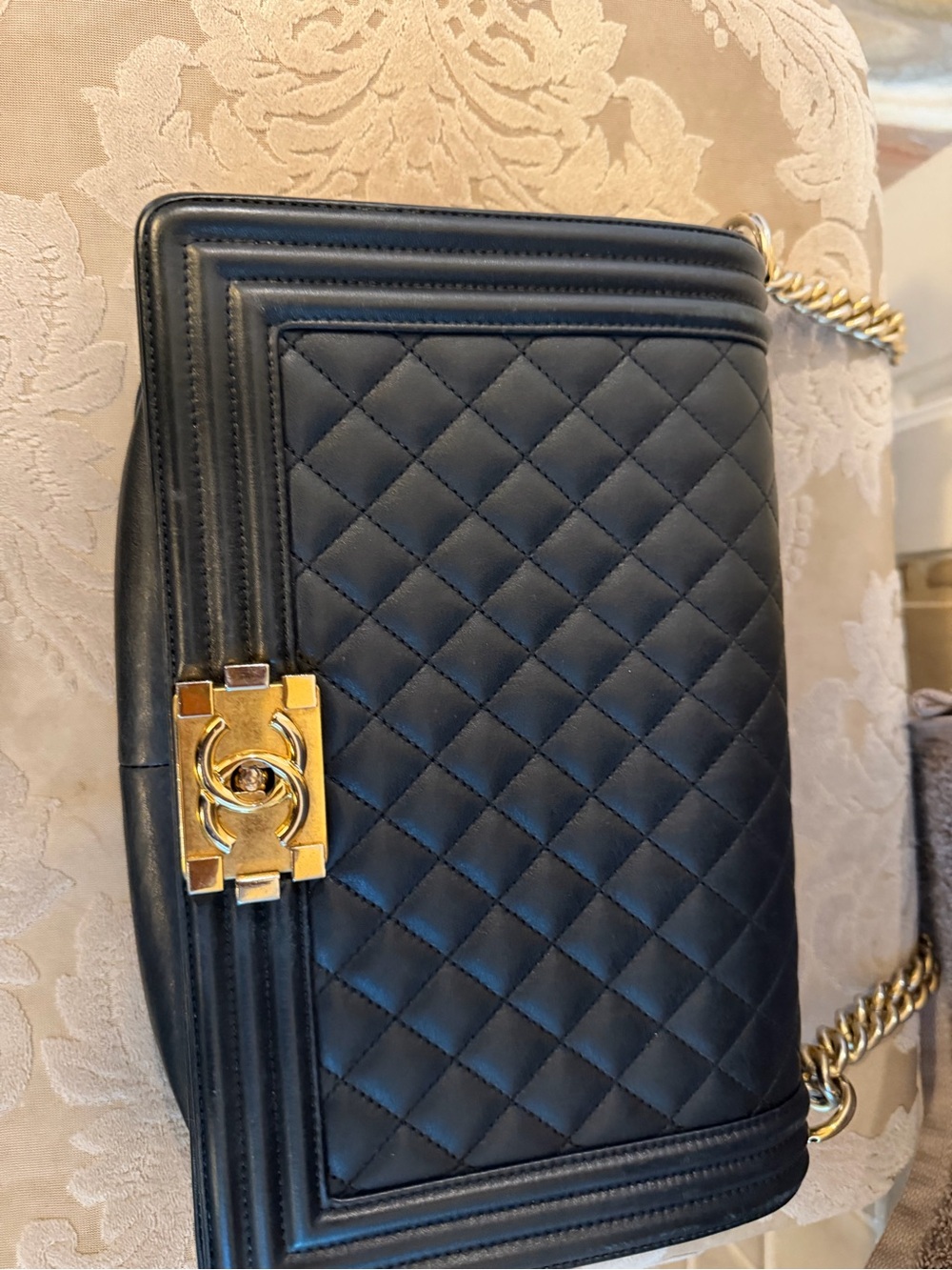 Black Quilted Shoulder Bag with Gold Hardware
